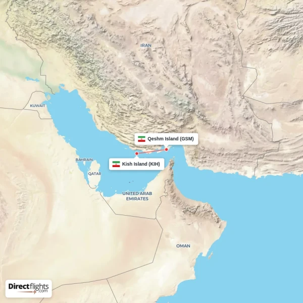 Kish Island - Qeshm Island direct flight map