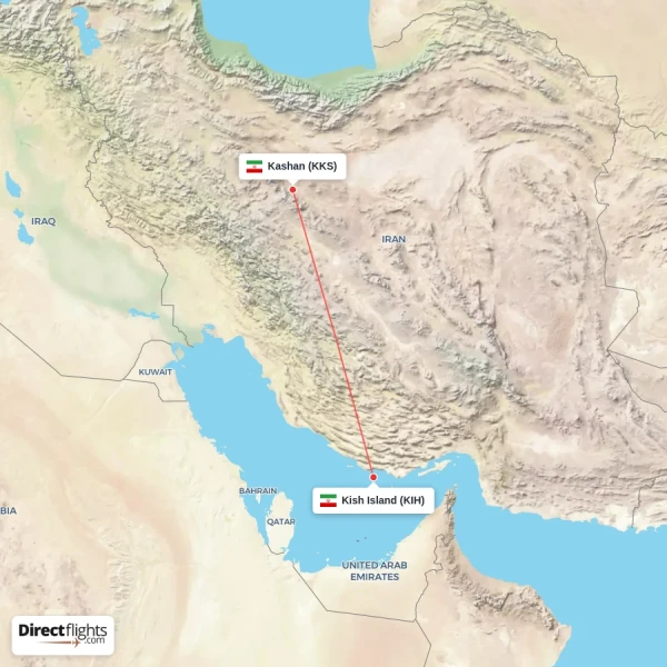 Kish Island - Kashan direct flight map