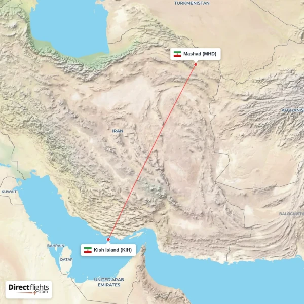 Kish Island - Mashad direct flight map