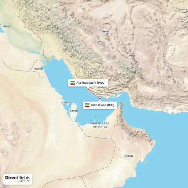 Kish Island - Ala'Marvdasht direct flight map