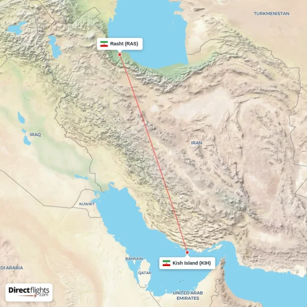 Kish Island - Rasht direct flight map