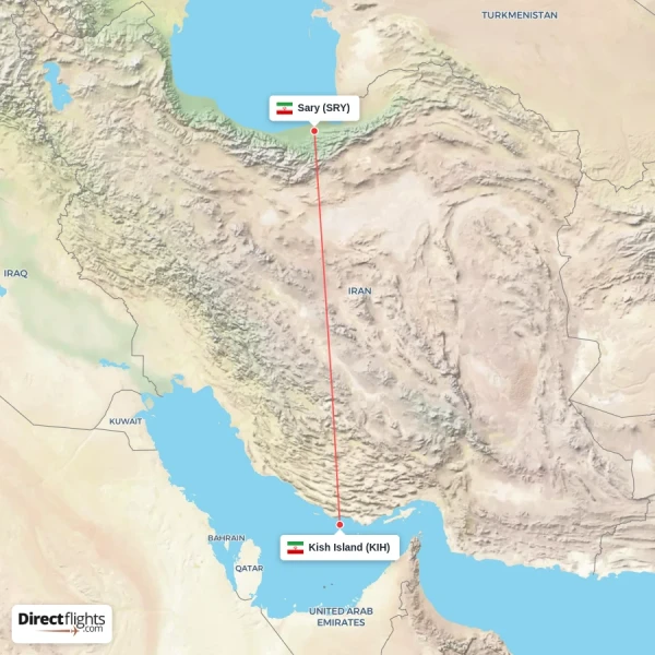 Kish Island - Sary direct flight map