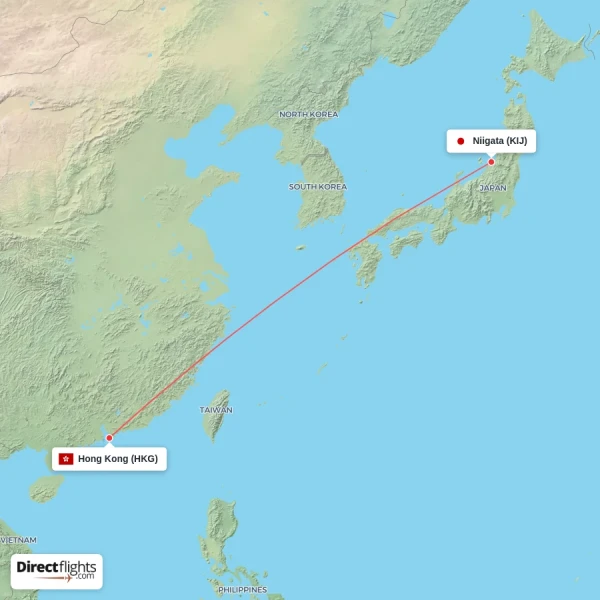 Niigata - Hong Kong direct flight map