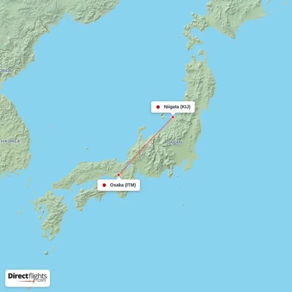 Niigata - Osaka direct flight map