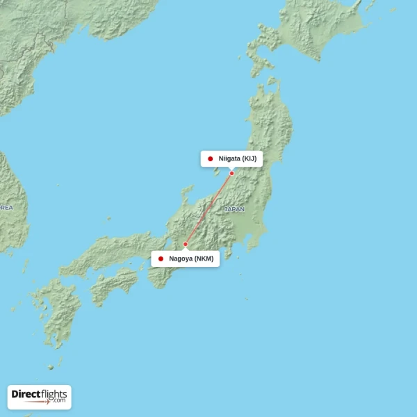 Niigata - Nagoya direct flight map