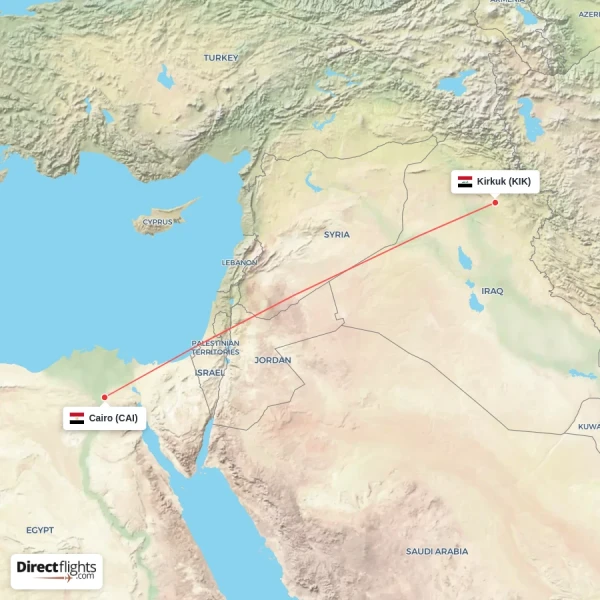 Kirkuk - Cairo direct flight map