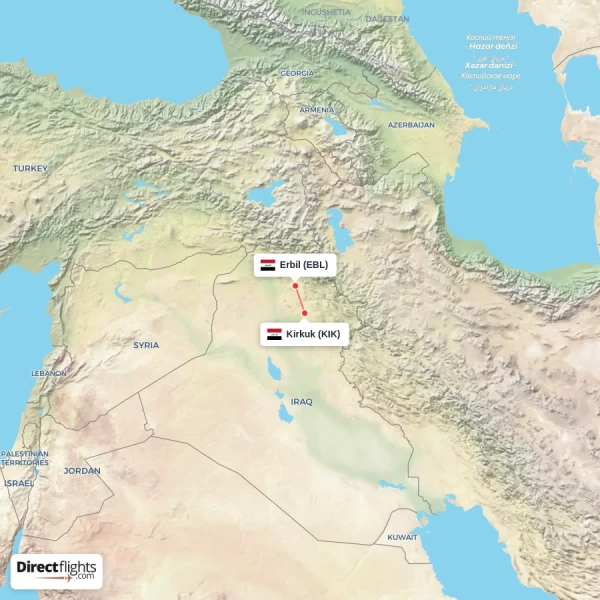 Kirkuk - Erbil direct flight map