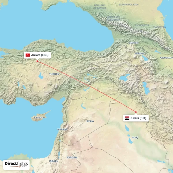 Kirkuk - Ankara direct flight map