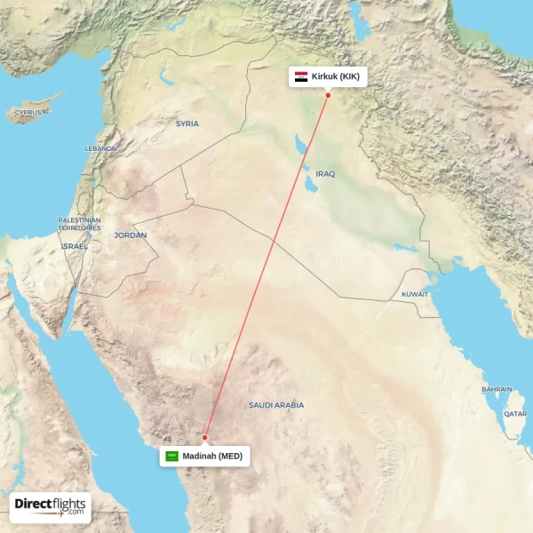 Kirkuk - Madinah direct flight map