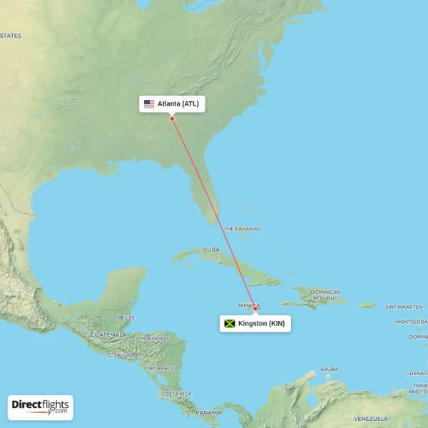 Kingston - Atlanta direct flight map
