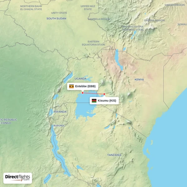 Kisumu - Entebbe direct flight map