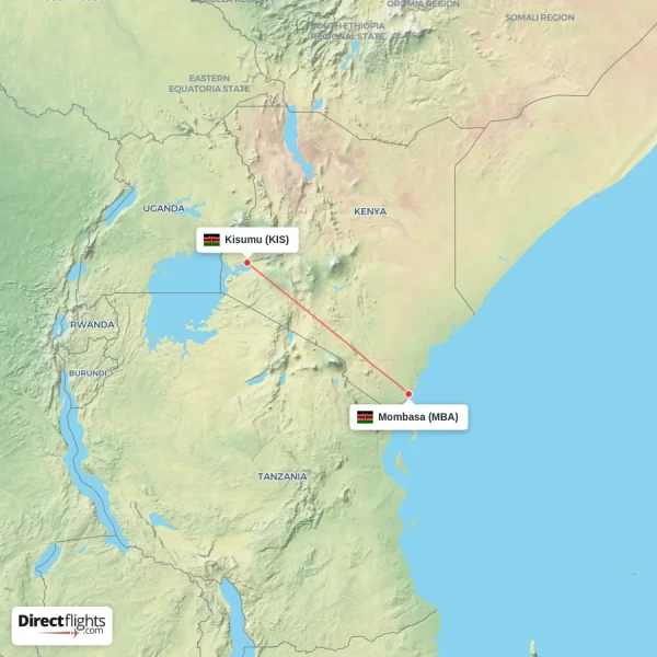Kisumu - Mombasa direct flight map