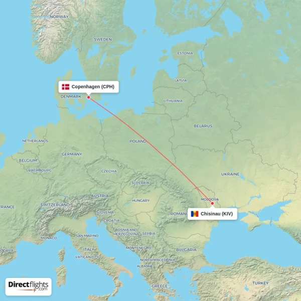 Chisinau - Copenhagen direct flight map