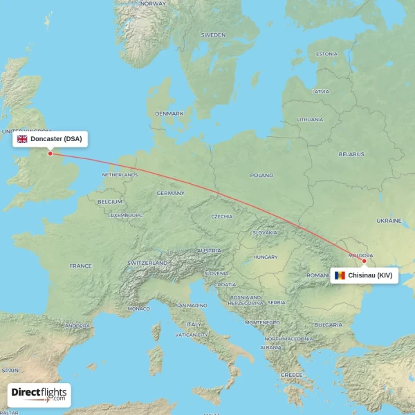 Chisinau - Doncaster direct flight map