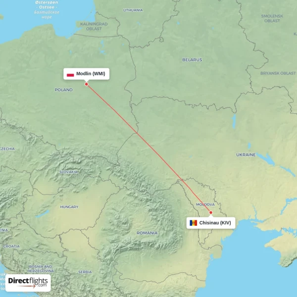 Chisinau - Modlin direct flight map