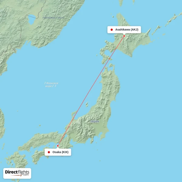 Osaka - Asahikawa direct flight map