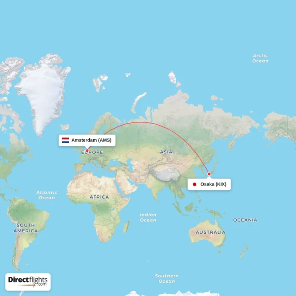 Osaka - Amsterdam direct flight map
