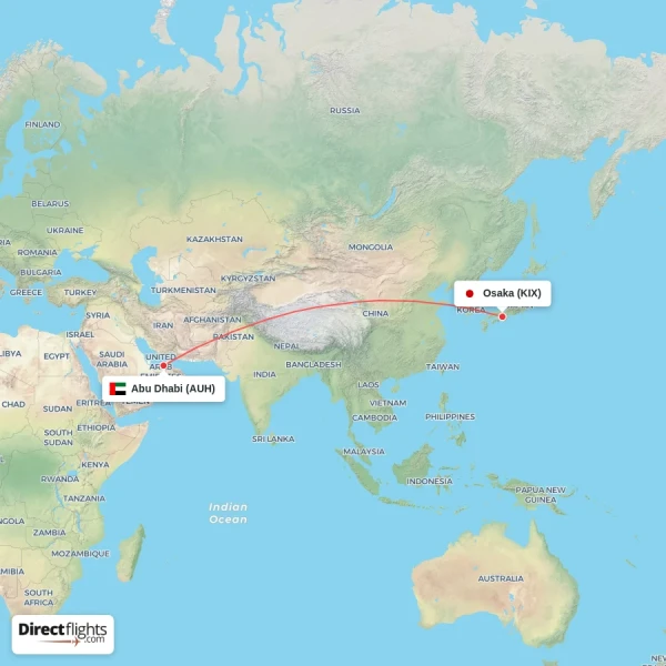 Osaka - Abu Dhabi direct flight map