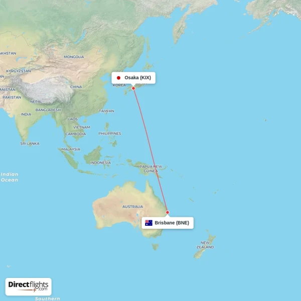 Osaka - Brisbane direct flight map