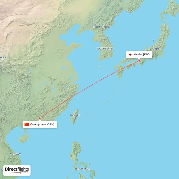 Osaka - Guangzhou direct flight map