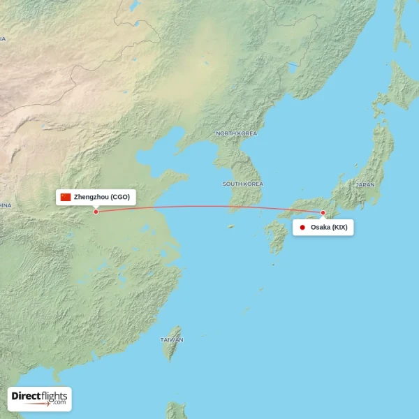Osaka - Zhengzhou direct flight map
