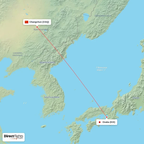 Osaka - Changchun direct flight map