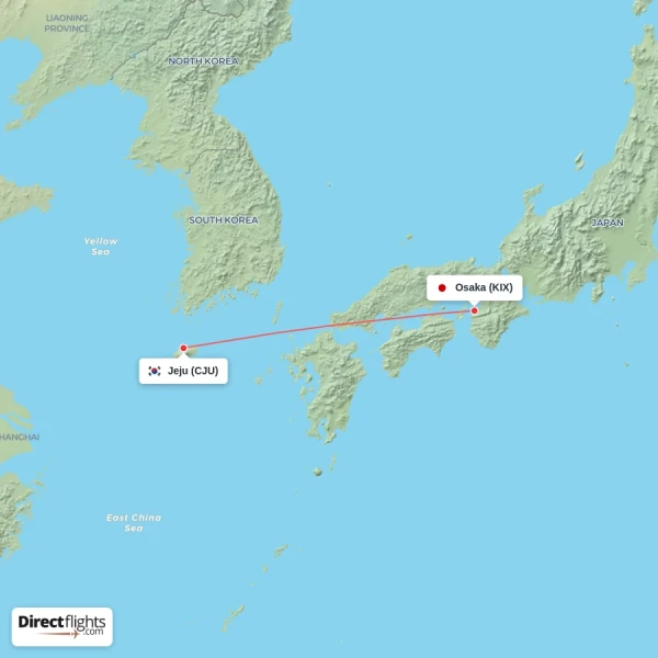 Osaka - Jeju direct flight map