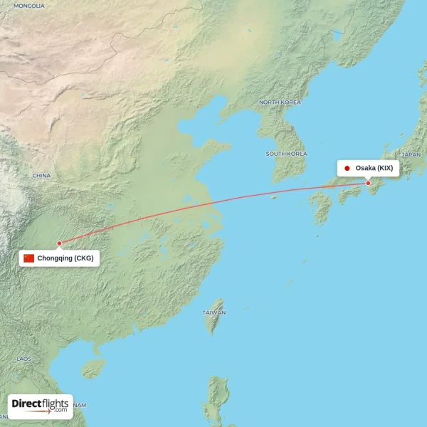 Osaka - Chongqing direct flight map