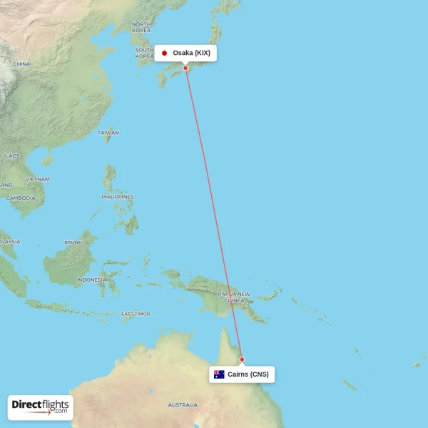 Osaka - Cairns direct flight map