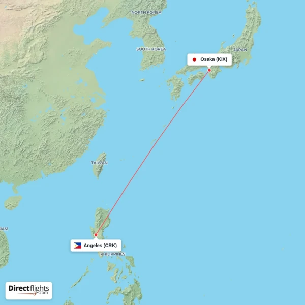 Osaka - Angeles direct flight map