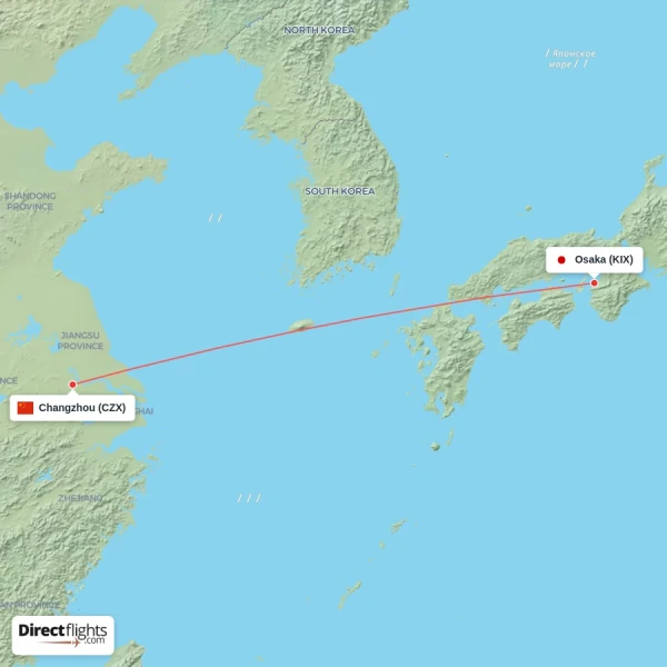 Osaka - Changzhou direct flight map