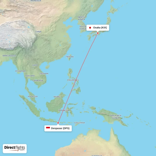 Osaka - Denpasar direct flight map