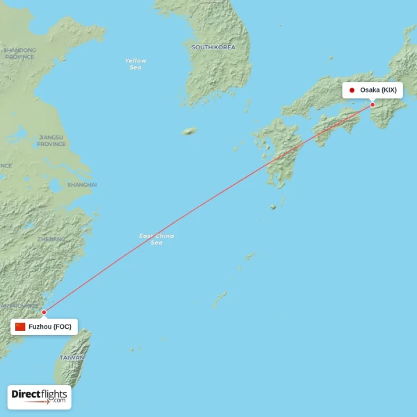 Osaka - Fuzhou direct flight map