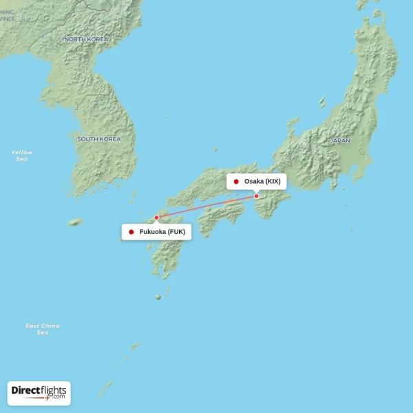 Osaka - Fukuoka direct flight map