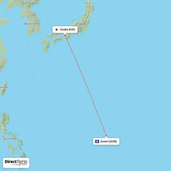 Osaka - Guam direct flight map
