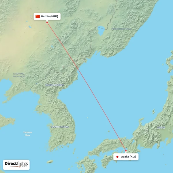 Osaka - Harbin direct flight map