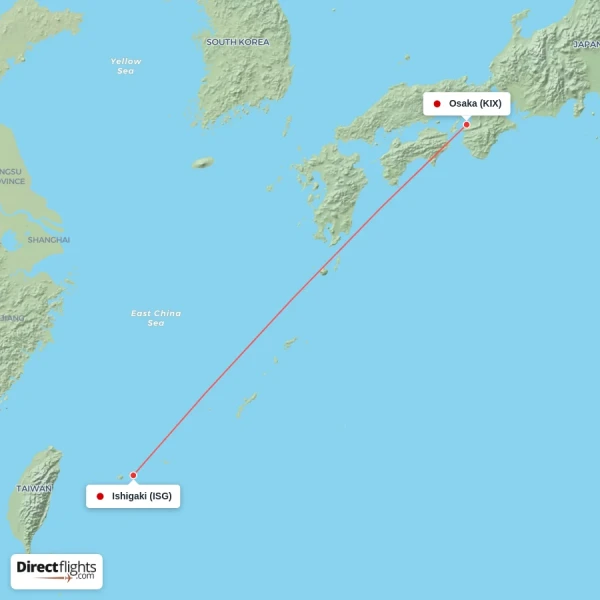 Osaka - Ishigaki direct flight map