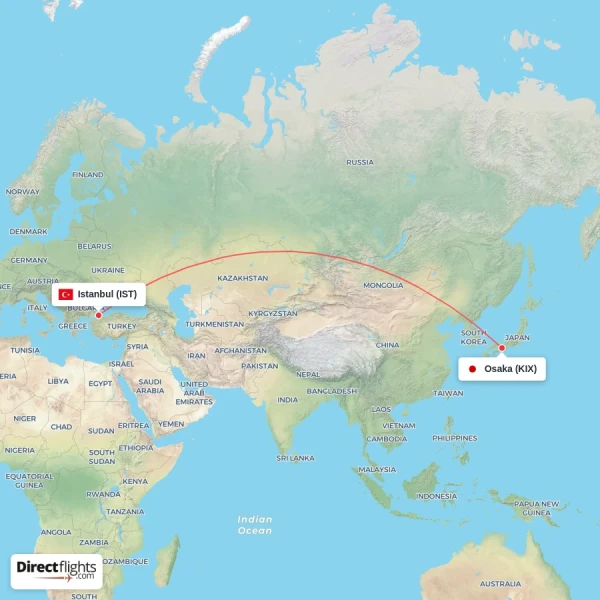 Osaka - Istanbul direct flight map