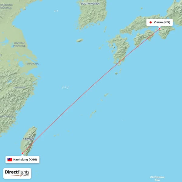 Osaka - Kaohsiung direct flight map