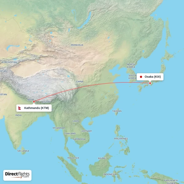 Osaka - Kathmandu direct flight map