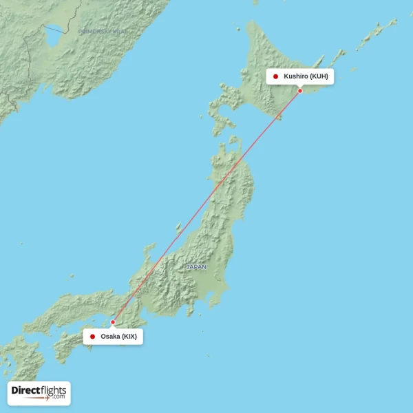 Osaka - Kushiro direct flight map