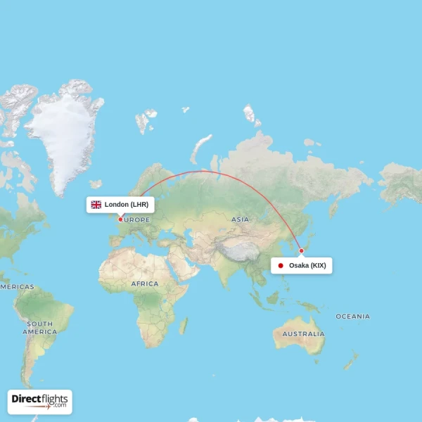 Osaka - London direct flight map