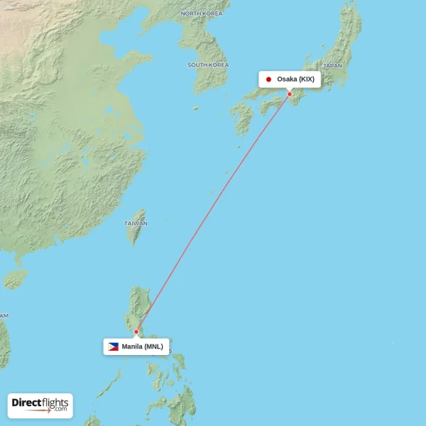 Osaka - Manila direct flight map