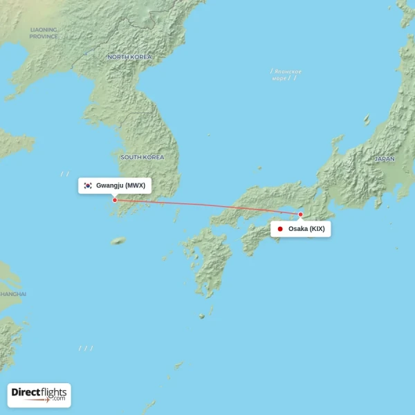 Osaka - Gwangju direct flight map