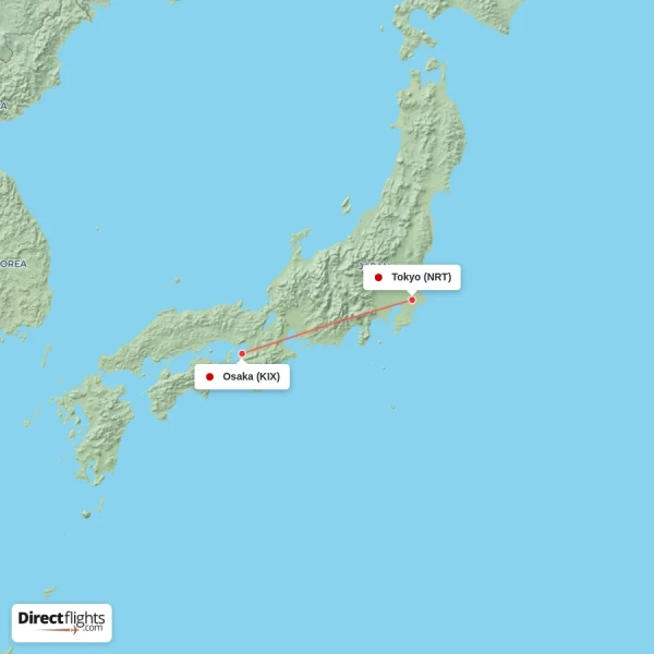 Osaka - Tokyo direct flight map