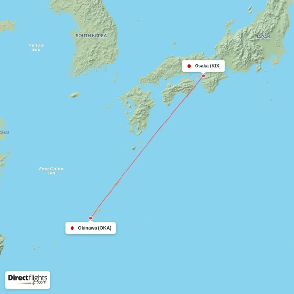 Osaka - Okinawa direct flight map