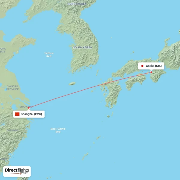 Osaka - Shanghai direct flight map