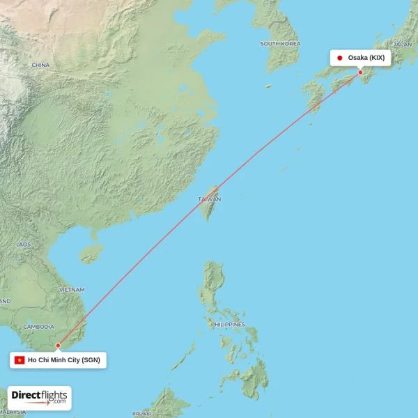Osaka - Ho Chi Minh City direct flight map