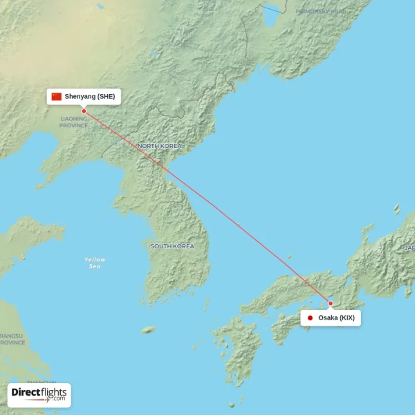 Osaka - Shenyang direct flight map
