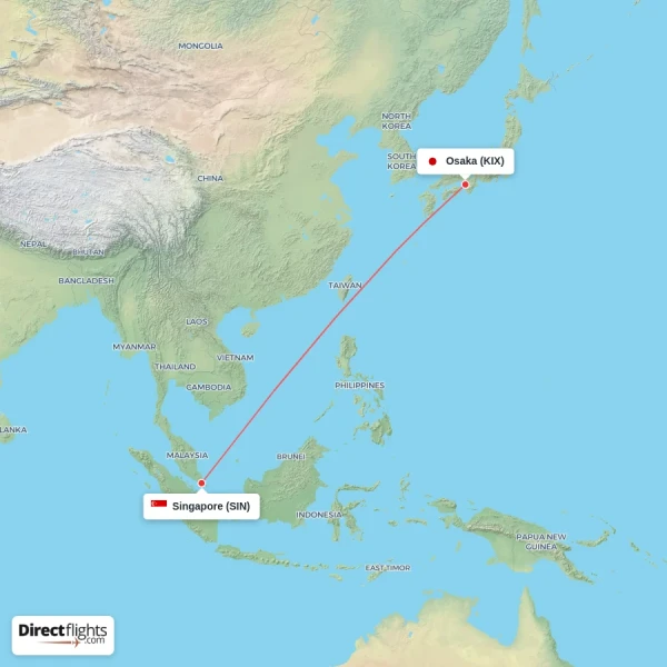 Osaka - Singapore direct flight map